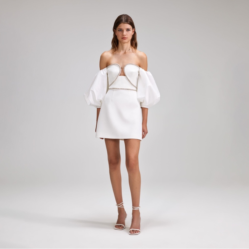 Self Portrait  WHITE BONDED CREPE PUFF SLEEVE MINI DRESS
